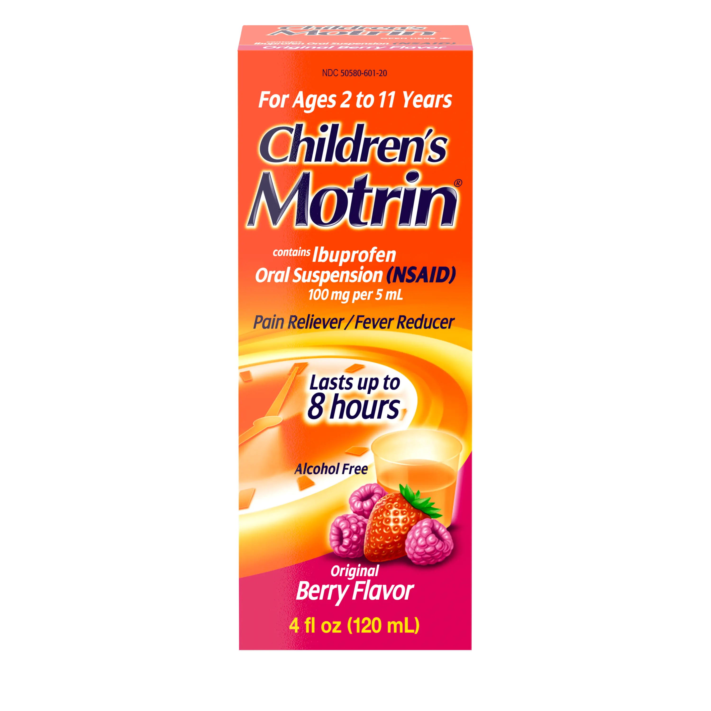 Box of Children's Motrin Ibuprofen Liquid Oral Suspension, 4 fl. oz (120 ml), berry flavor, for ages 2 to 11 years, pain relief and fever reducer, lasts up to 8 hours. Front of the pack.