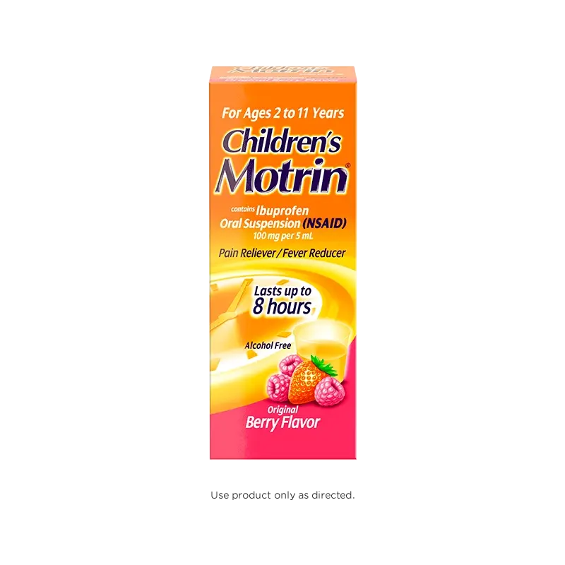 Box of Children's Motrin Ibuprofen Liquid Oral Suspension, 4 fl. oz (120 ml), berry flavor, for ages 2 to 11 years, pain relief and fever reducer, lasts up to 8 hours. Front of the pack.