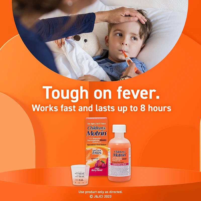 A mother taking her child's temperature, Children's Motrin liquid and bottle, tough on fever, works fast and lasts up to 8 hours.