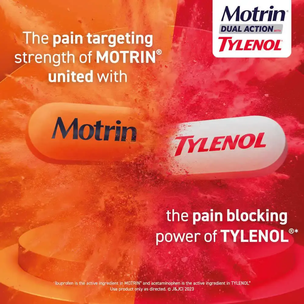 Two pills, one labeled "Motrin" and the other "Tylenol". Orange and red powder bursts out, illustrating the combination of Motrin's pain-targeting strength and Tylenol's pain-blocking power.