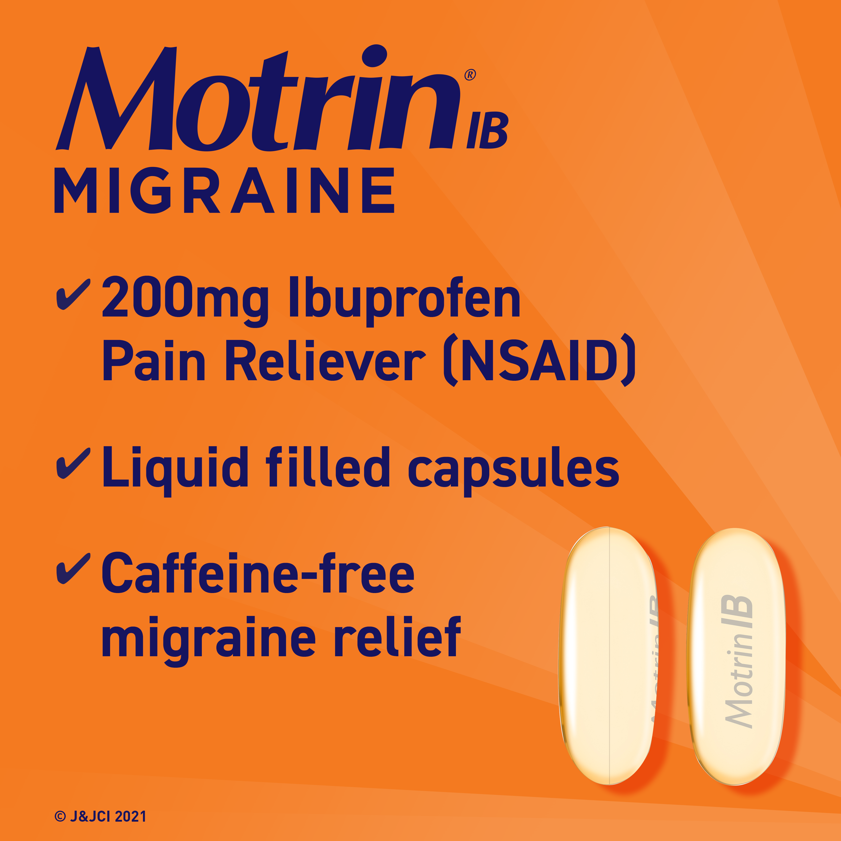 Image of Motrin IB Migraine medication. Features two amber-colored liquid-filled capsules. Text highlights that it contains 200mg of ibuprofen (an NSAID), is caffeine-free, and provides migraine relief.