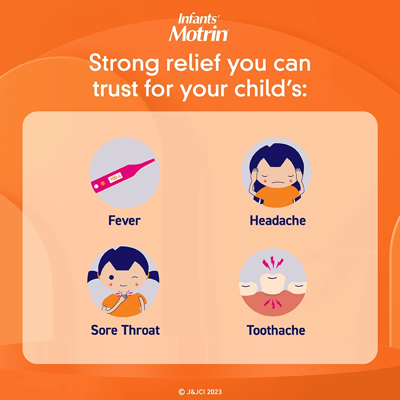 Infants’ Motrin graphic with text, "Strong relief you can trust for your child's: Fever, Headache, Sore Throat, Toothache," with icons for each.