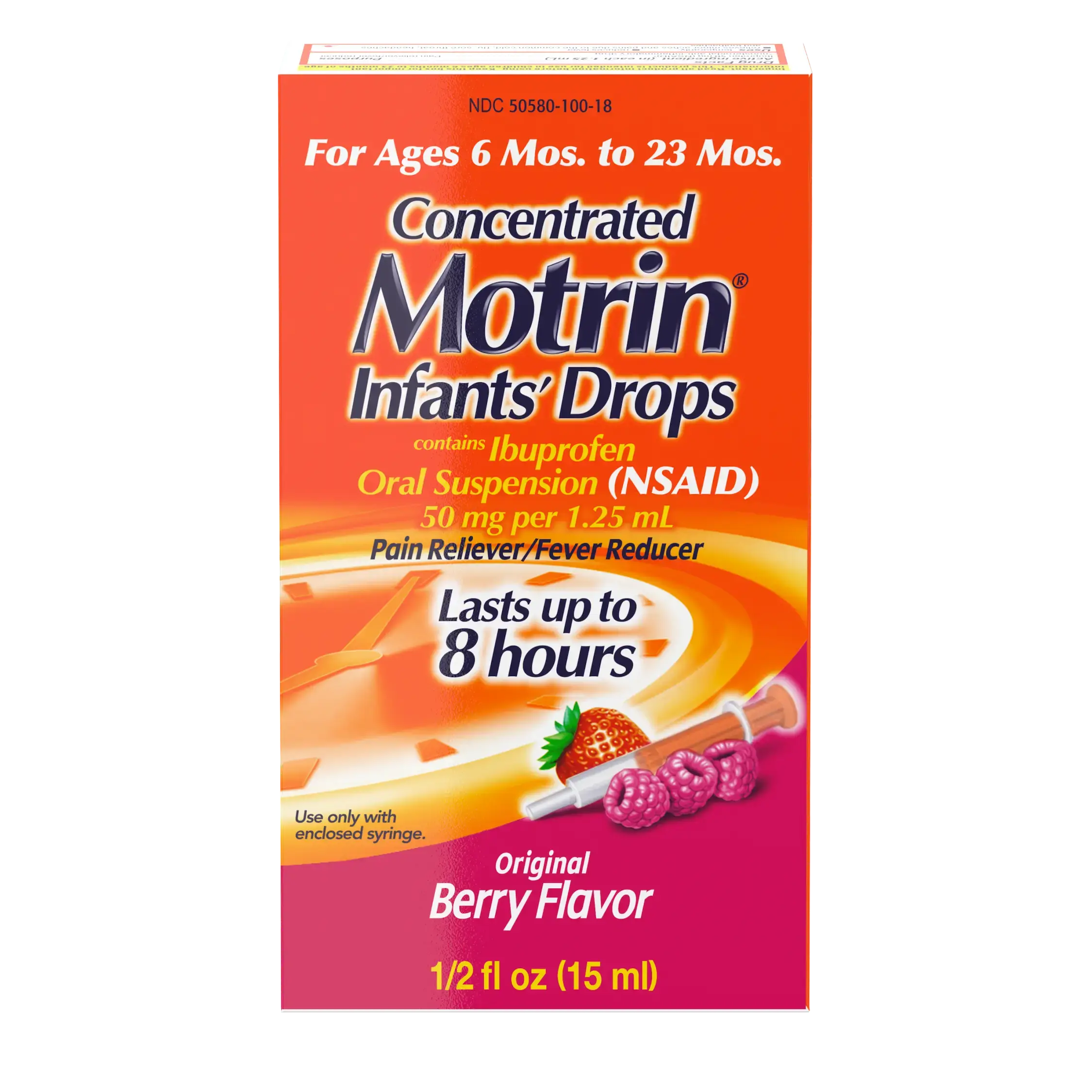 Box of Infants' Motrin Liquid Ibuprofen Drops, 1/5 fl. oz (15 ml), berry flavor, for ages 2 to 11 years, pain relief and fever reducer for babies, lasts up to 8 hours. Front of the pack.