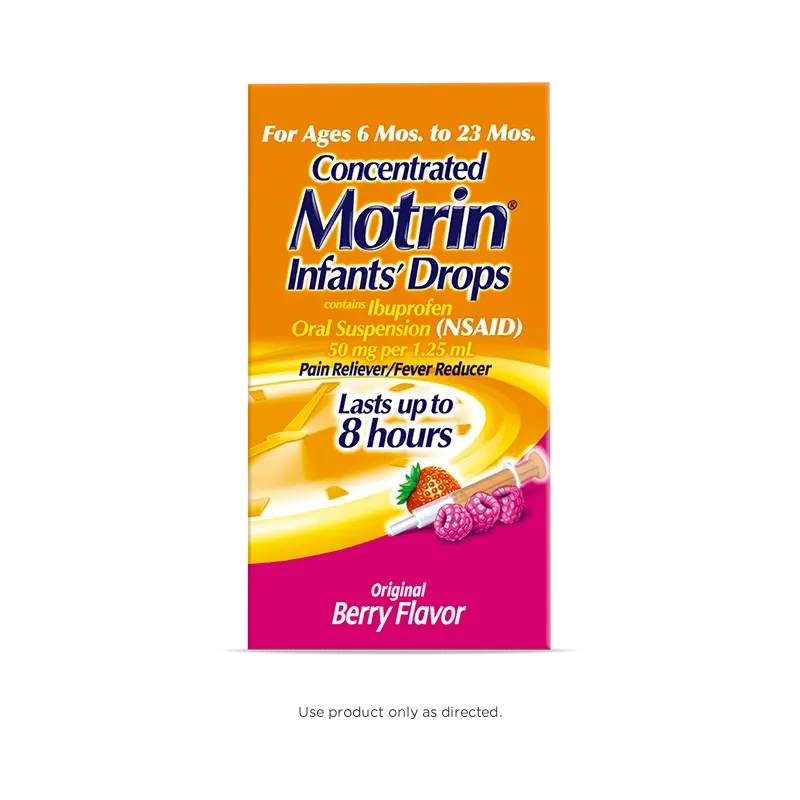 Box of Infants' Motrin Liquid Ibuprofen Drops, 1,5 fl. oz (15 ml), berry flavor, for ages 2 to 11 years, pain relief and fever reducer for babies, lasts up to 8 hours. Front of the pack.