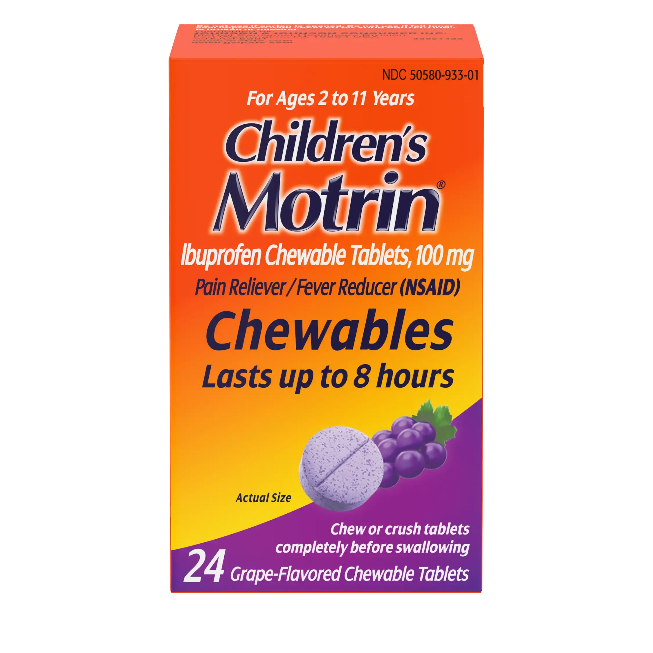 Box of Children's Motrin Ibuprofen Chewable Tablets, 100 mg, grape-flavored, for ages 2 to 11 years, pain relief and fever reducer, 24 tablets, lasts up to 8 hours. Front of the pack.