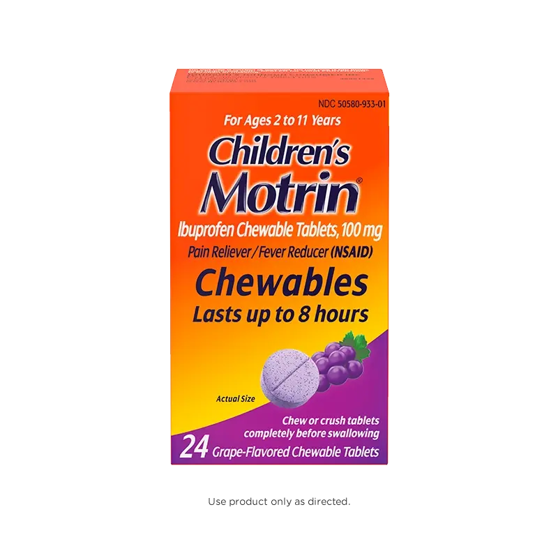 Box of Children's Motrin Ibuprofen Chewable Tablets, 100 mg, grape-flavored, for ages 2 to 11 years, pain relief and fever reducer, 24 tablets, lasts up to 8 hours. Front of the pack.