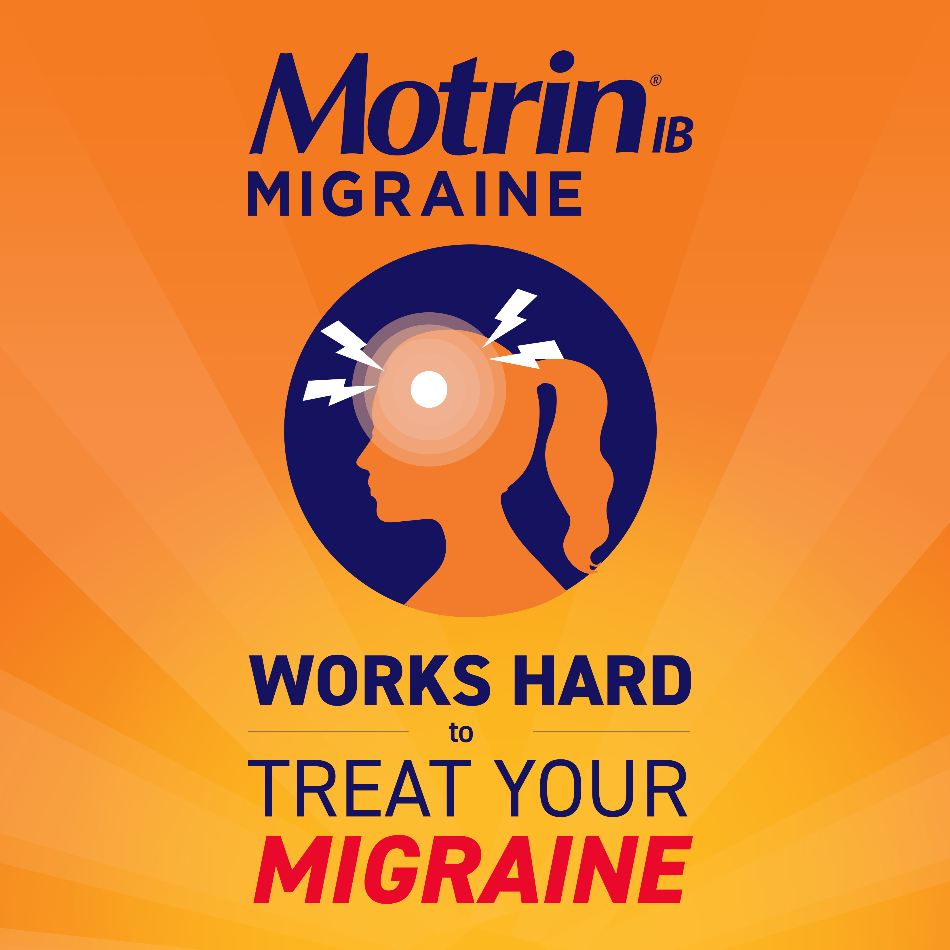 Motrin Migraine pain reliever advertisement featuring a graphic of a head with lightning bolts, and the text "Works Hard to Treat Your Migraine."