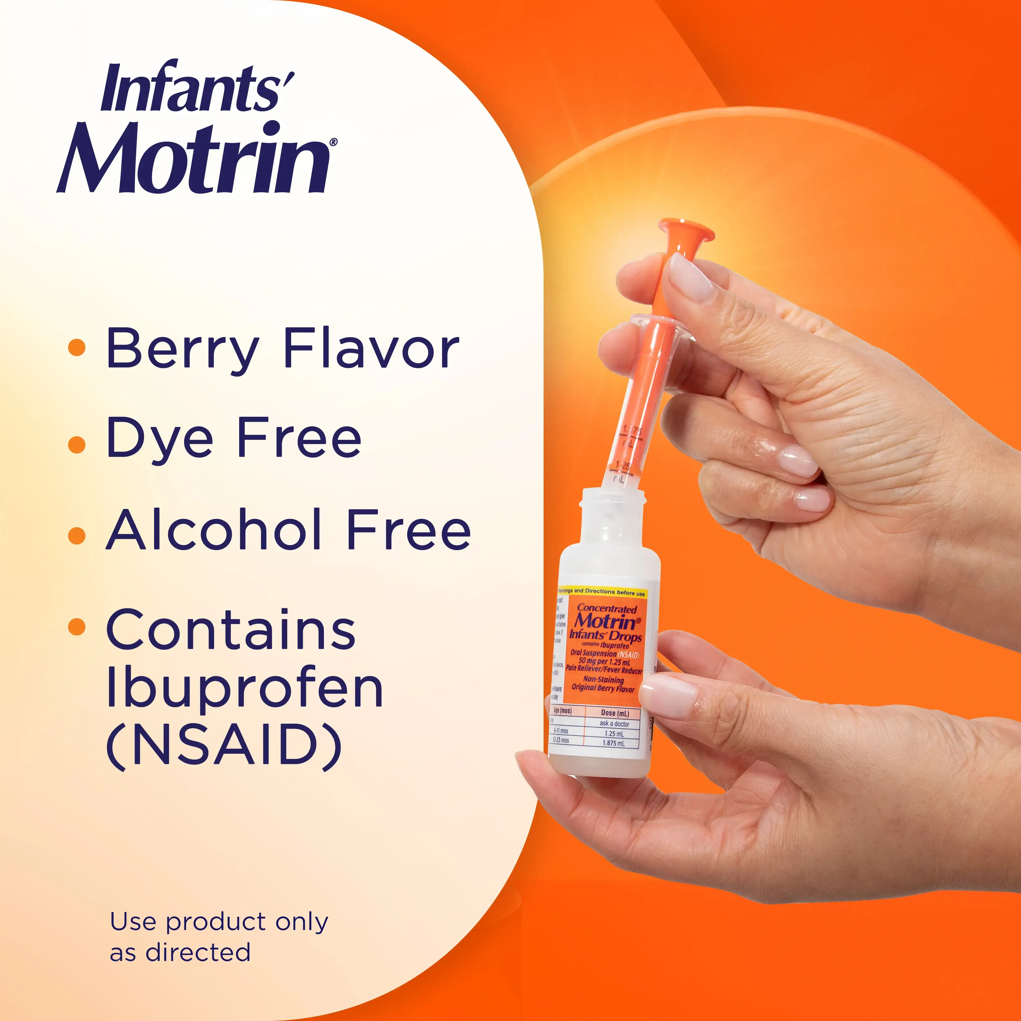 Infants’ Motrin dye-free, berry flavor, contains ibuprofen (NSAID), Alcohol Free, hands holding a small bottle.