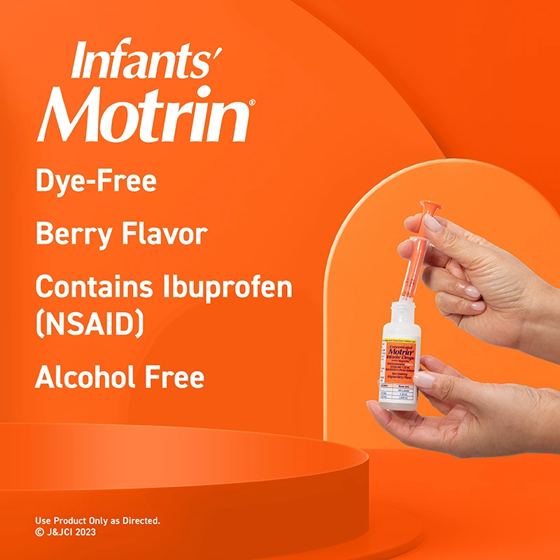 Infants’ Motrin dye-free, berry flavor, contains ibuprofen (NSAID), Alcohol Free, hands holding a small bottle.