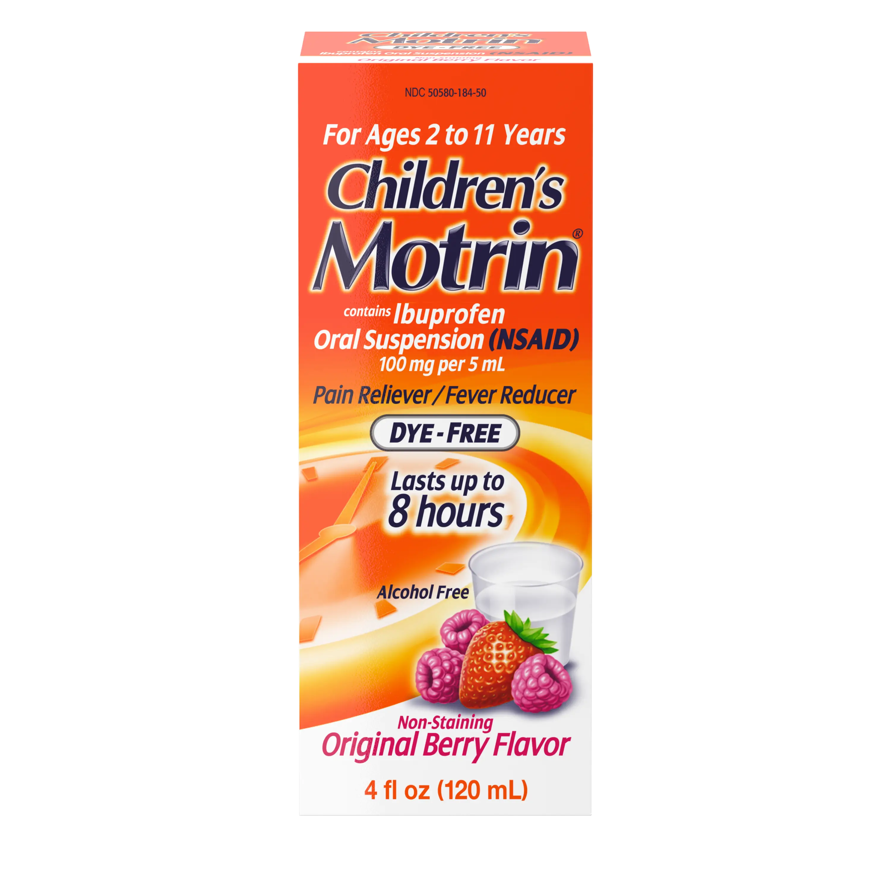 Box of Children's Motrin Ibuprofen Liquid Oral Suspension Dye-Free, 4 fl. oz (120 ml), berry flavor, for ages 2 to 11 years, pain relief and fever reducer, lasts up to 8 hours. Front of the pack.
