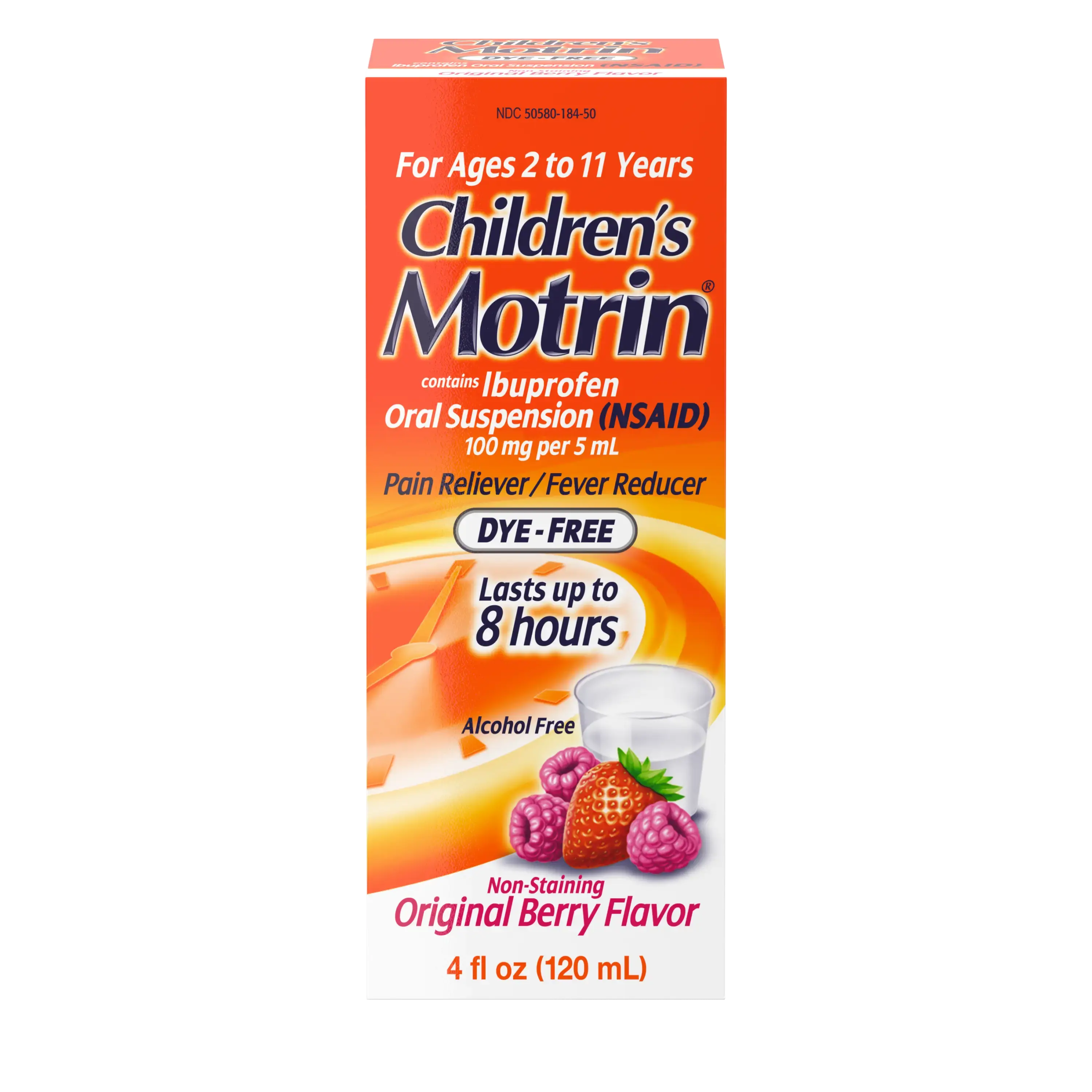 Box of Children's Motrin Ibuprofen Liquid Oral Suspension Dye-Free, 4 fl. oz (120 ml), berry flavor, for ages 2 to 11 years, pain relief and fever reducer, lasts up to 8 hours. Front of the pack.