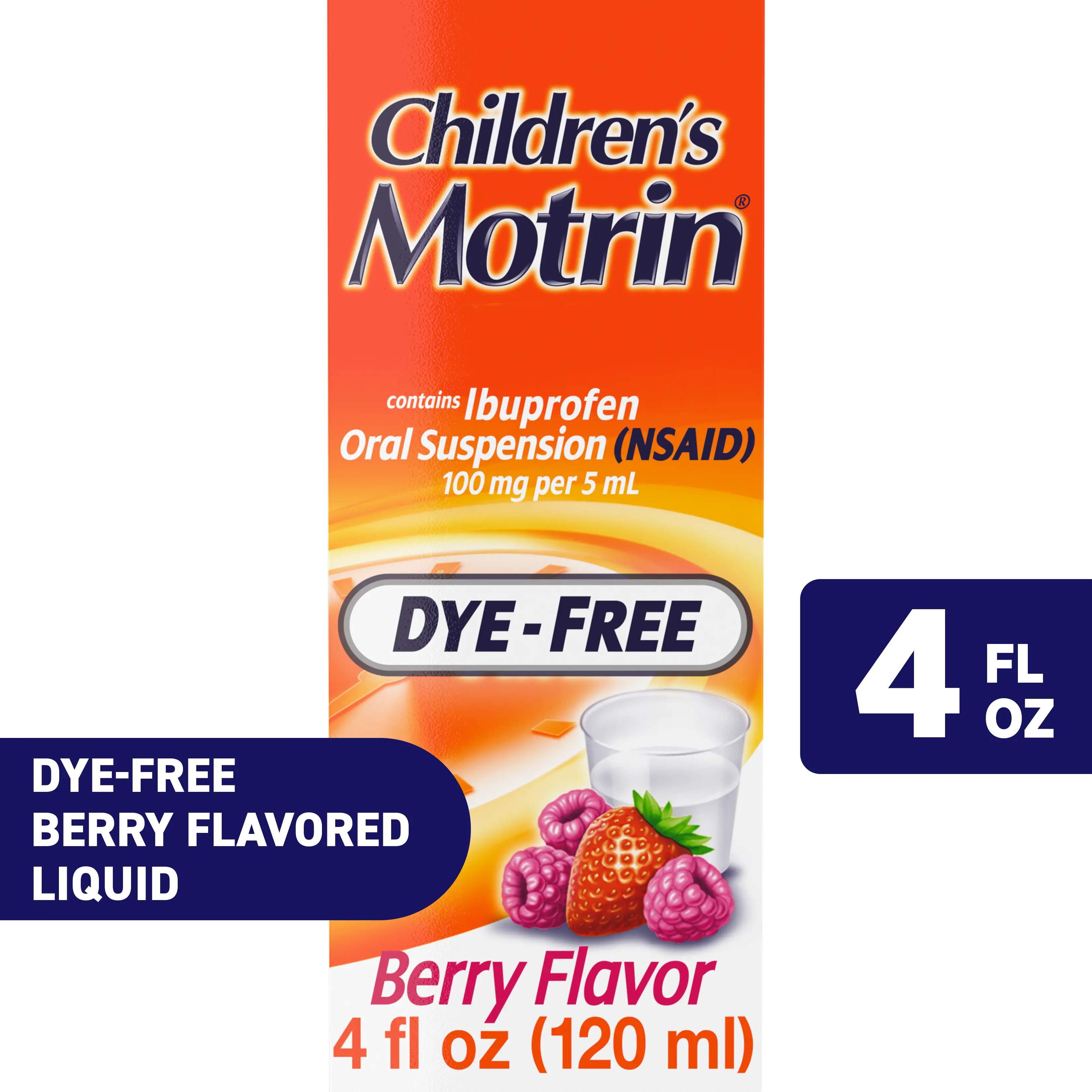 Box of Children's Motrin Ibuprofen Liquid Oral Suspension Dye-Free, 4 fl. oz (120 ml), berry flavor, for ages 2 to 11 years, pain relief and fever reducer, lasts up to 8 hours. Front of the pack.