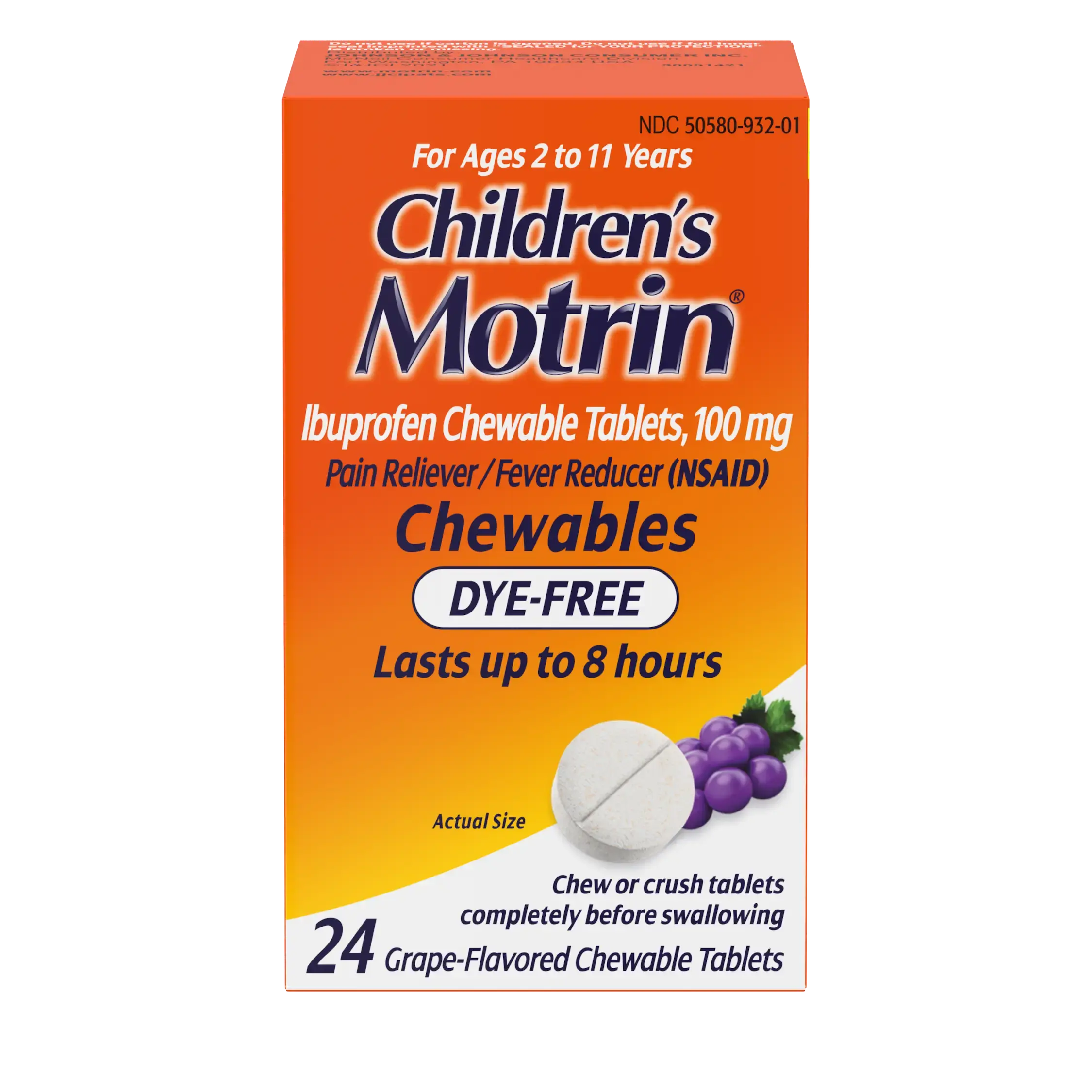 Box of Children's Motrin Ibuprofen Chewable Tablets Dye-Free, 100 mg, grape-flavored, for ages 2 to 11 years, pain relief and fever reducer, 24 tablets, lasts up to 8 hours. Front of the pack.
