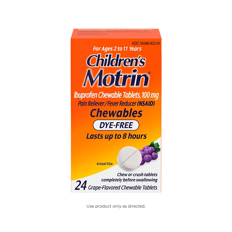 Box of Children's Motrin Ibuprofen Chewable Tablets Dye-Free, 100 mg, grape-flavored, for ages 2 to 11 years, pain relief and fever reducer, 24 tablets, lasts up to 8 hours. Front of the pack.