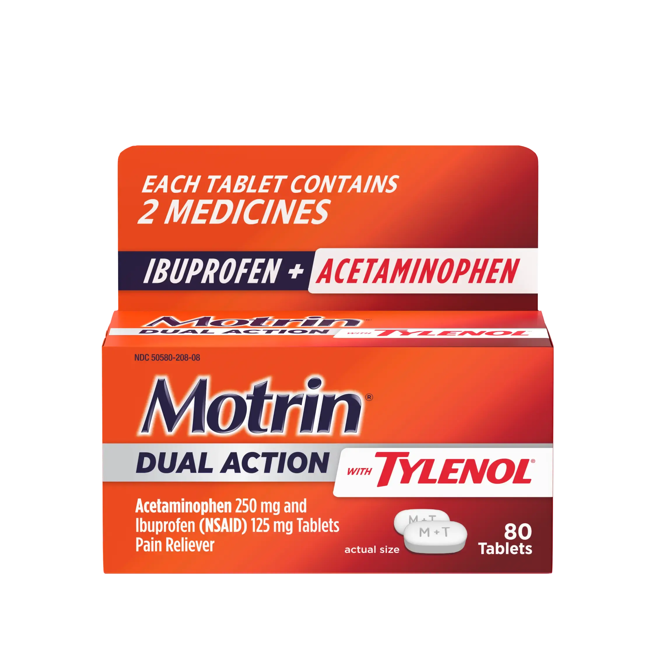 A box of Motrin Dual Action with Tylenol 80 count is shown with use products only as directed.