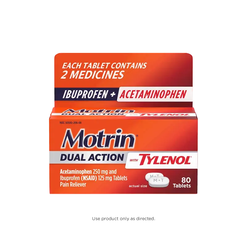 A box of Motrin Dual Action with Tylenol 80 count is shown with use products only as directed.
