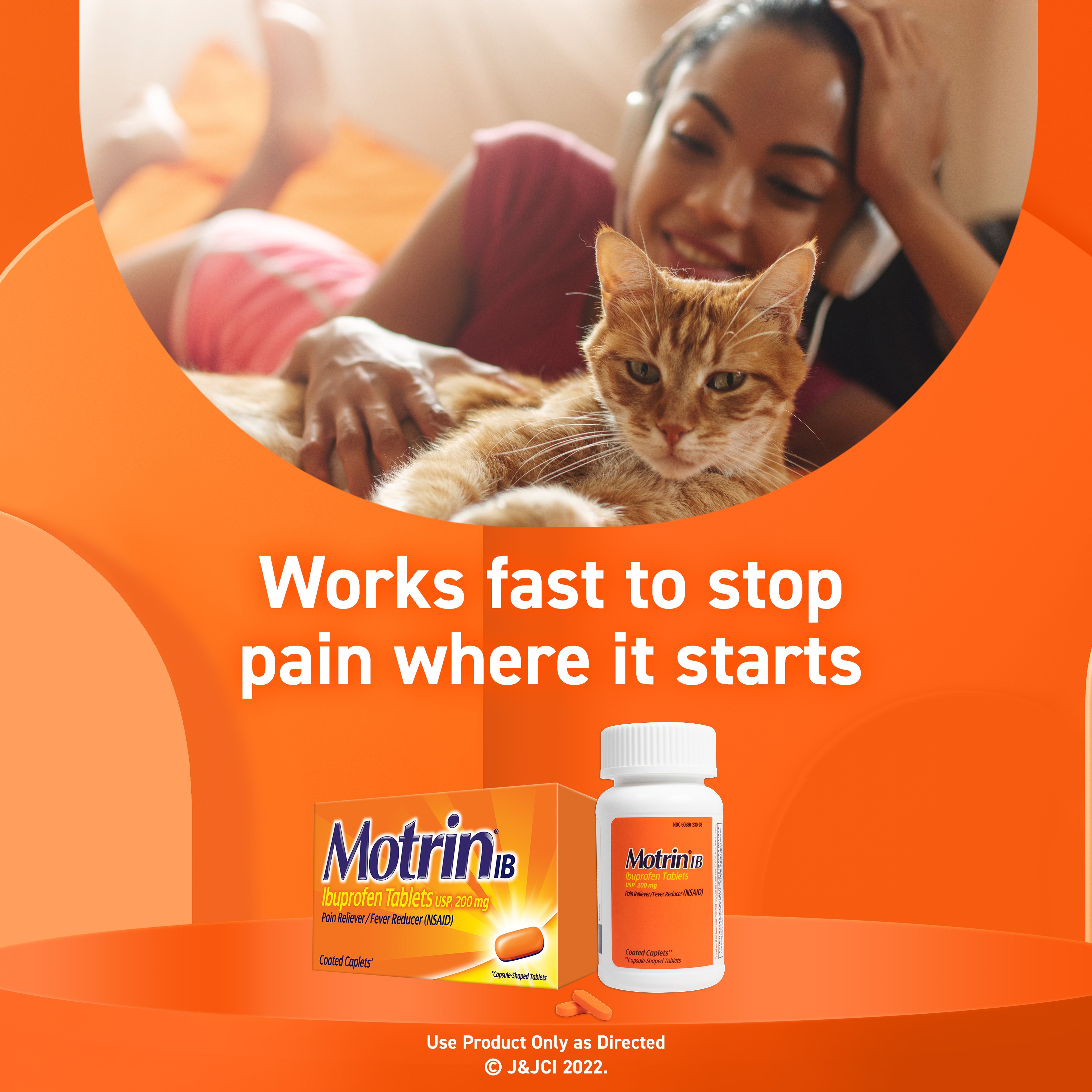 A woman relaxes with her cat, while a bottle of Motrin IB pain reliever is shown. Text reads, "Works fast to stop pain where it starts."