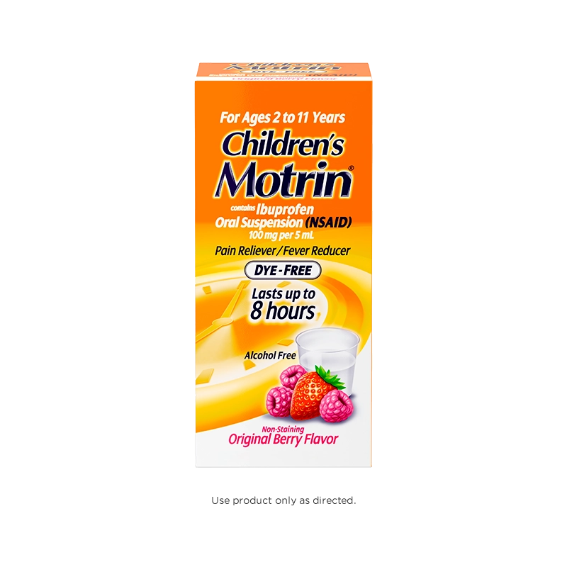 Box of Children's Motrin Ibuprofen Liquid Oral Suspension Dye-Free, 4 fl. oz (120 ml), berry flavor, for ages 2 to 11 years, pain relief and fever reducer, lasts up to 8 hours. Front of the pack.