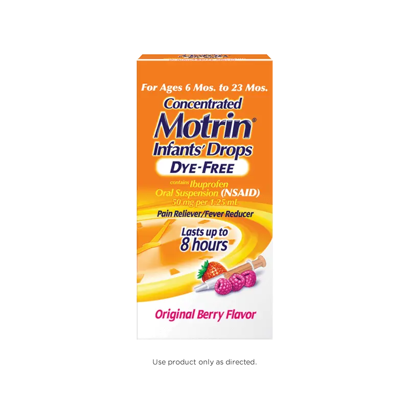 Box of Infants' Motrin Liquid Ibuprofen Drops Dye-Free, 1,5 fl. oz (15 ml), berry flavor, for ages 2 to 11 years, pain relief and fever reducer for babies, lasts up to 8 hours. Front of the pack.