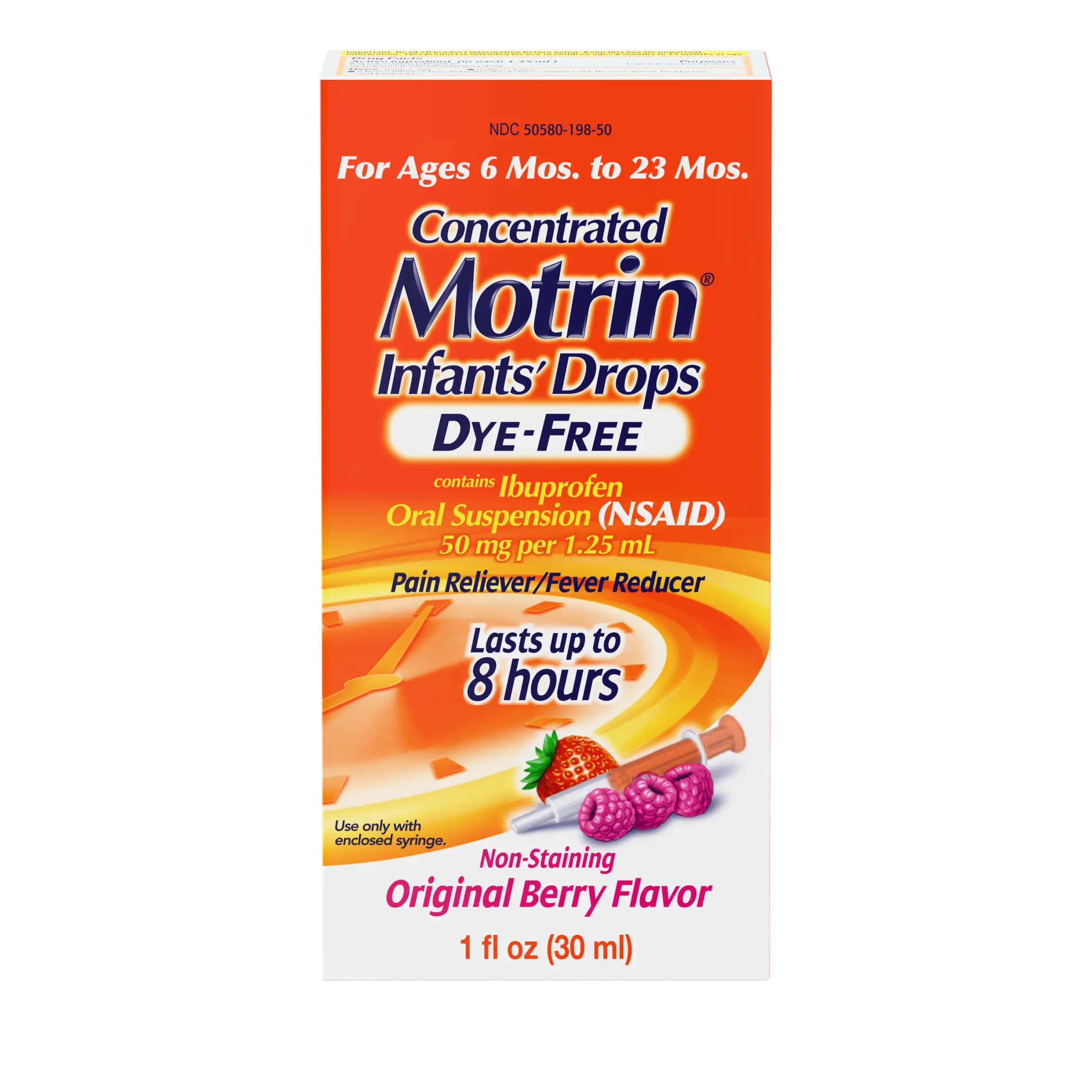 Box of Infants' Motrin Liquid Ibuprofen Drops Dye-Free, 1,5 fl. oz (15 ml), berry flavor, for ages 2 to 11 years, pain relief and fever reducer for babies, lasts up to 8 hours. Front of the pack.