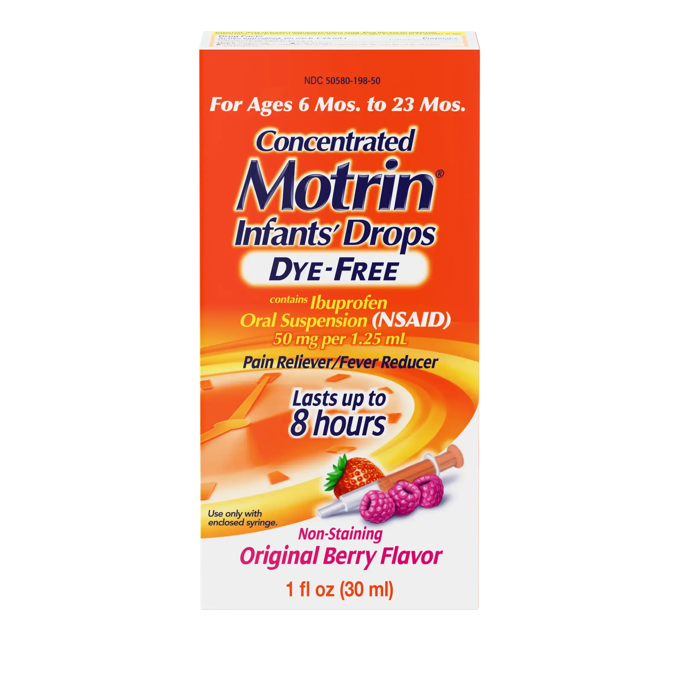 Box of Infants' Motrin Liquid Ibuprofen Drops Dye-Free, 1,5 fl. oz (15 ml), berry flavor, for ages 2 to 11 years, pain relief and fever reducer for babies, lasts up to 8 hours. Front of the pack.