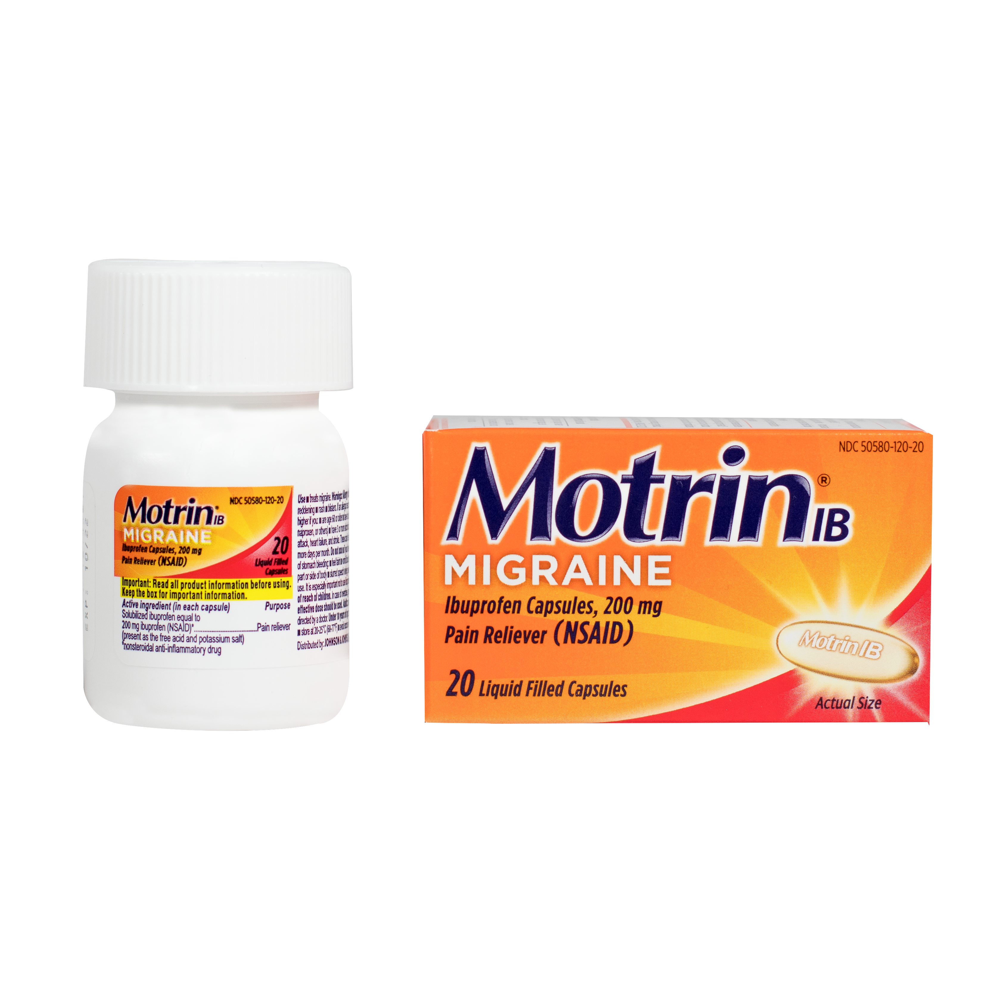 A photo of a bottle and a box of Motrin IB Migraine, a pain reliever. The bottle and box show the product name, dosage, and other relevant information.