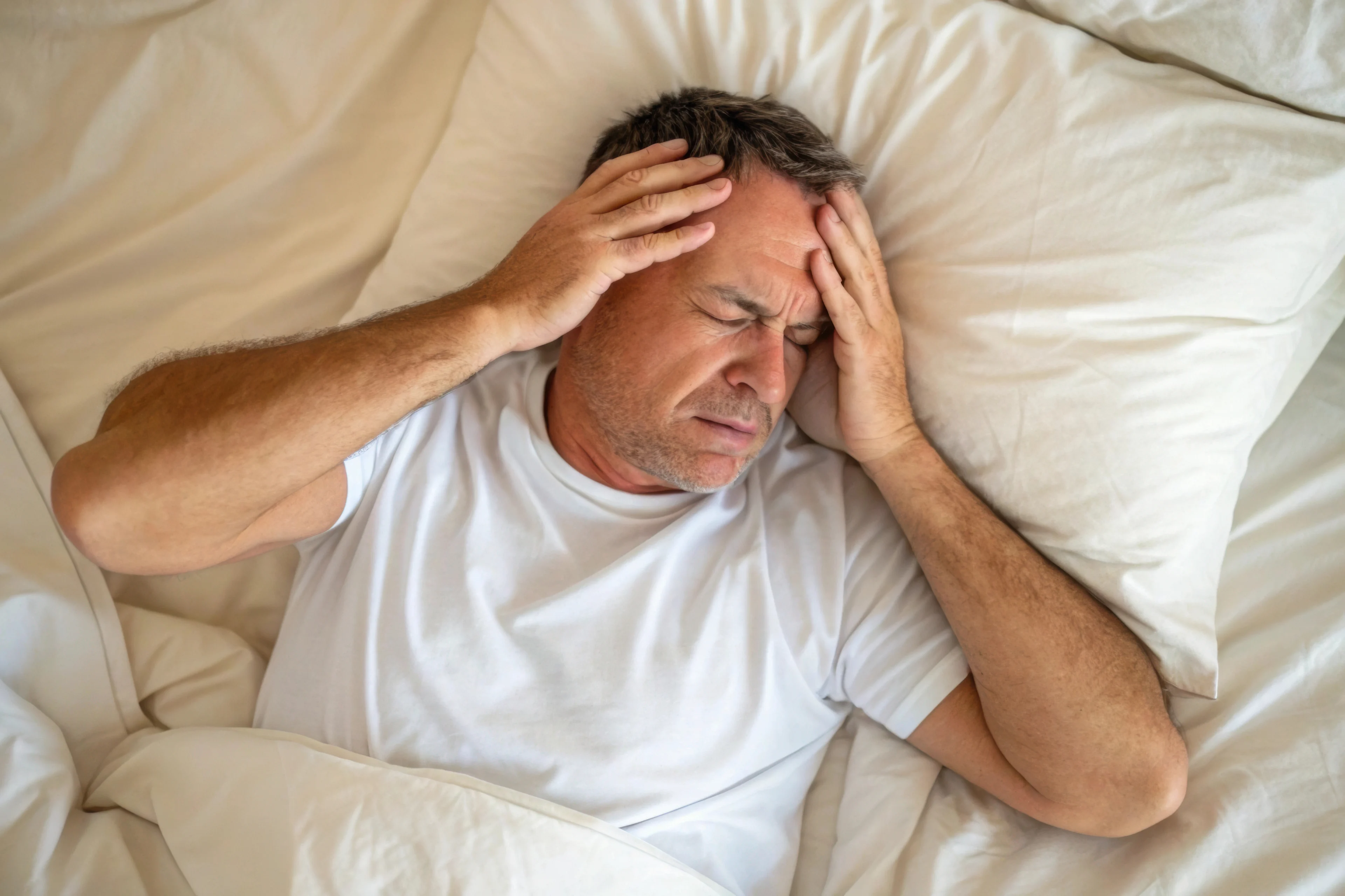Klachten van depressie: ook lichamelijk voelbaar - Man ligt in bed met hoofdpijn