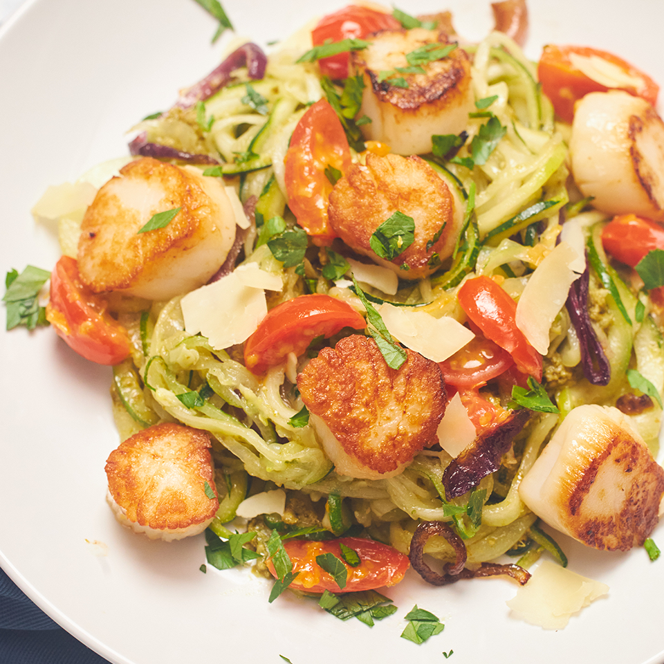 Pesto Zoodles & Tomato Salad - Chef Cindy