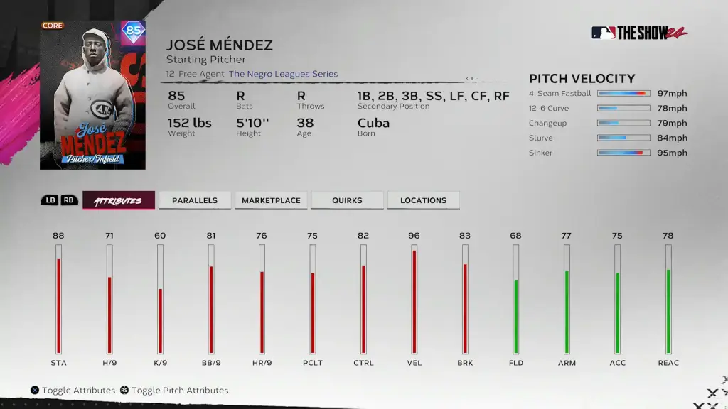 Negro Leagues Jose Mendez Pitching Attributes - Storylines