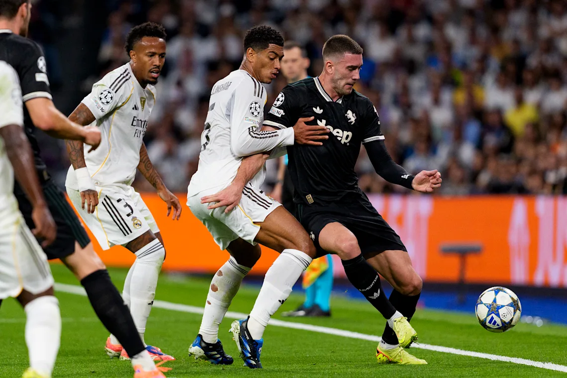 Dusan Vlahovic in action for Juventus at Real Madrid in the Champions League earlier this month