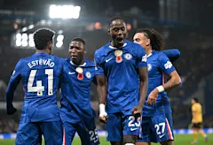 Estevao, Moises Caicedo, Trevoh Chalobah and Malo Gusto celebrate for Chelsea against Wolves