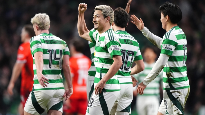 Celtic s Daizen Maeda centre celebrates scoring the second goal Andrew Milligan PA