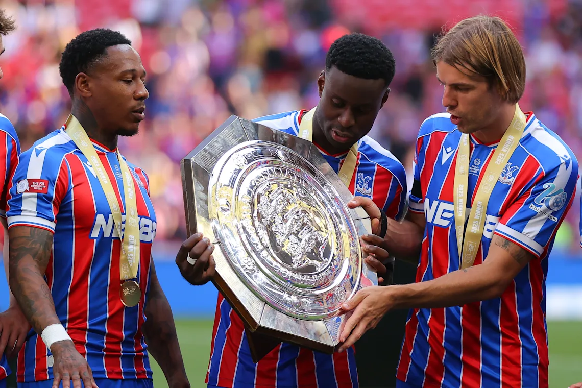 Nathaniel Clyne, Marc Guehi and Borna Sosa celebrate Crystal Palace's Community Shield win over Liverpool