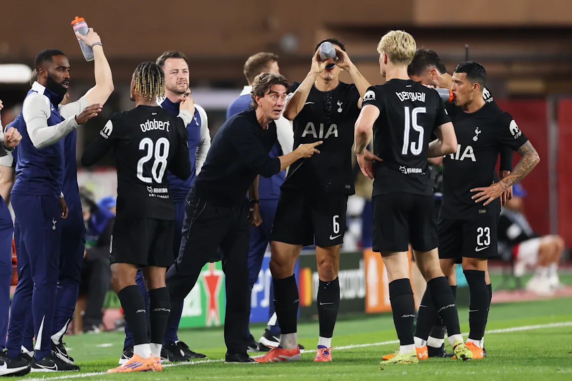 Tottenham boss Thomas Frank dishes out instructions during Wednesday's 0-0 draw with Monaco