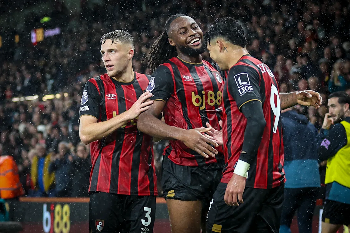 Adrien Truffert, Evanilson and Antoine Semenyo celebrate during Bournemouth's 3-1 win over Fulham