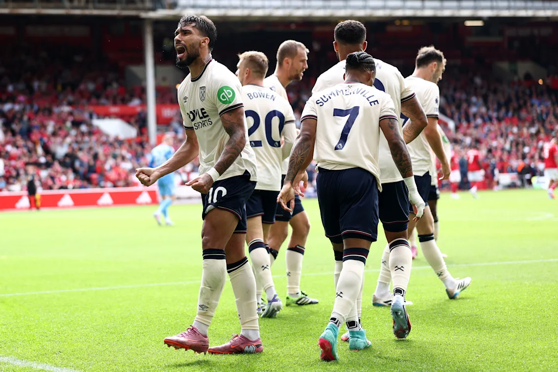Lucas Paqueta celebrates his goal against Nottingham Forest earlier this season