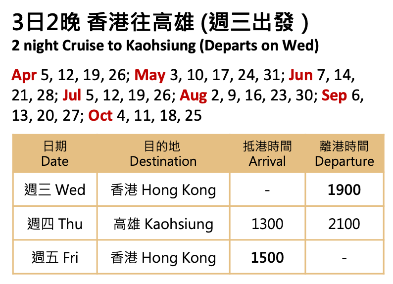 名勝世界郵輪 3日2晚 香港去台灣高雄 (週三出發) 