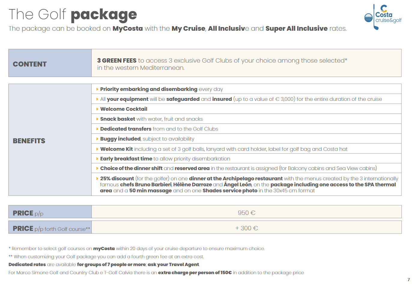 Costa Crusies - The Golf package Pricing