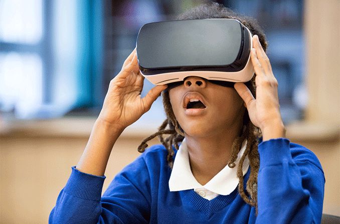young girl wearing vr headset