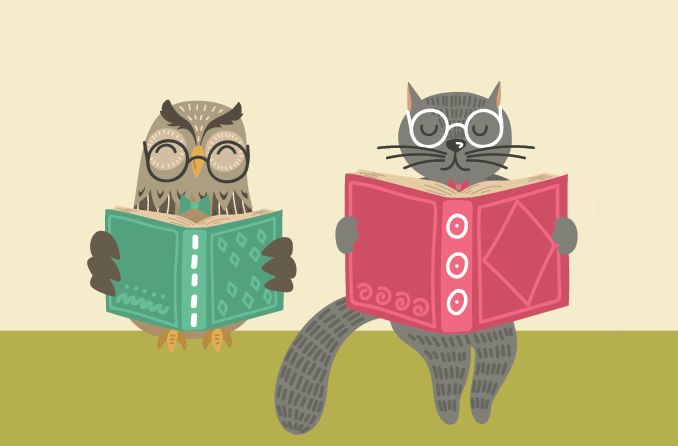 illustration of animals reading children's books wearing glasses