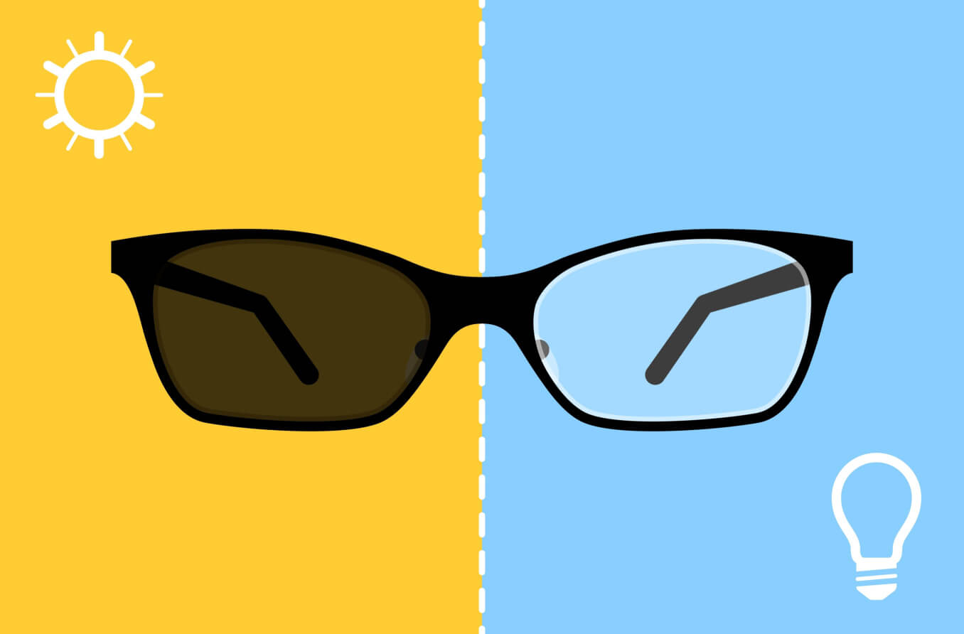 Concept of lens transitions from dark to clear state, darkening of photochromic lenses upon exposure to light.