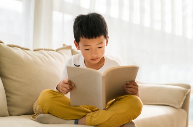 一个小男孩在阅读一本书