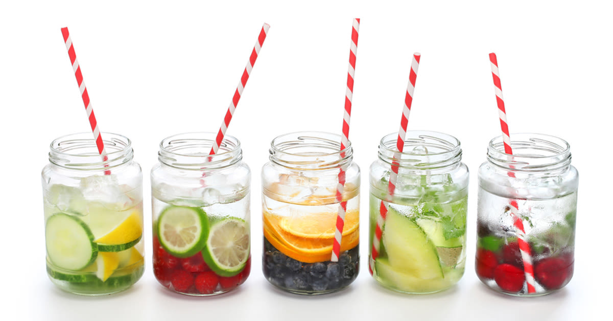 row of glasses showing examples of infused water