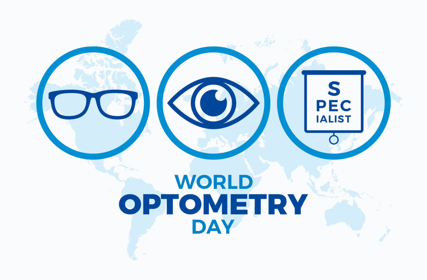 Illustration of glasses, an eye, and the world, for World Optometry Day.