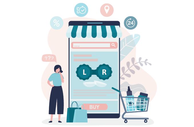 illustration of person buying contacts online on mobile phone