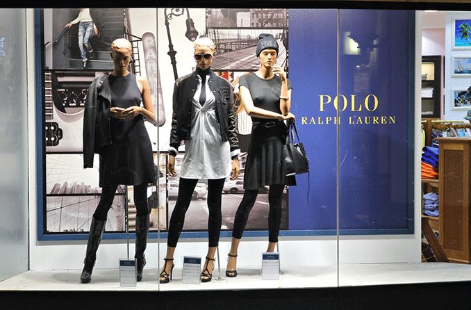 Polo Ralph Lauren retail store display with mannequin wearing sunglasses