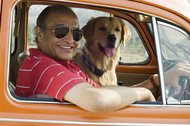 An Indian man driving his car with his dog wearing sunglasses - India