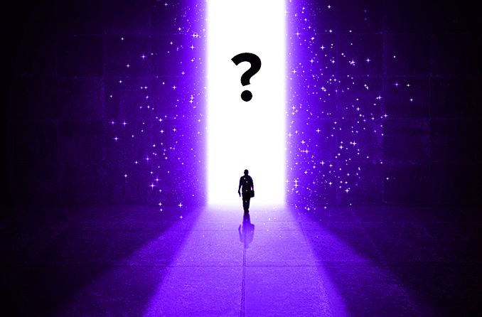 person walking into his imagination which is an unknown white void