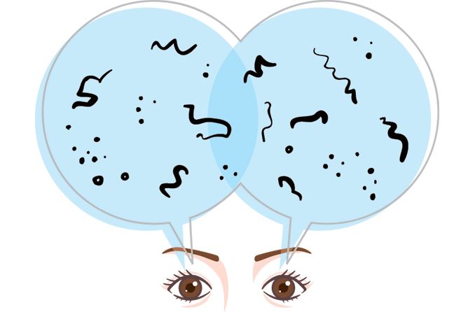 illustration of eyes looking at two bubbles filled with eye floaters