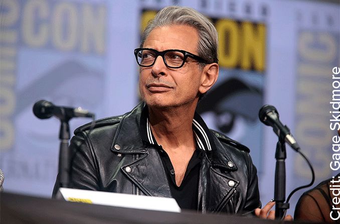 Jeff Goldblum wearing black framed eyeglasses at Comic-Con